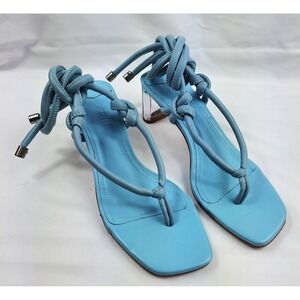 Schutz‎ Siena Vamp Lace Up Open Toe Clear Column Mid Heel in Wonder Blue Sz 5.5B